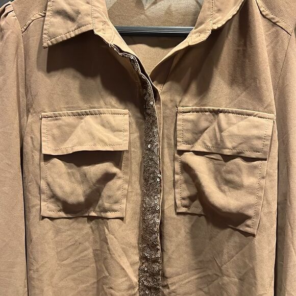 Brown Chiffon and Sequin Button Down Shirt NEVER WORN Size Small - Picture 2 of 6